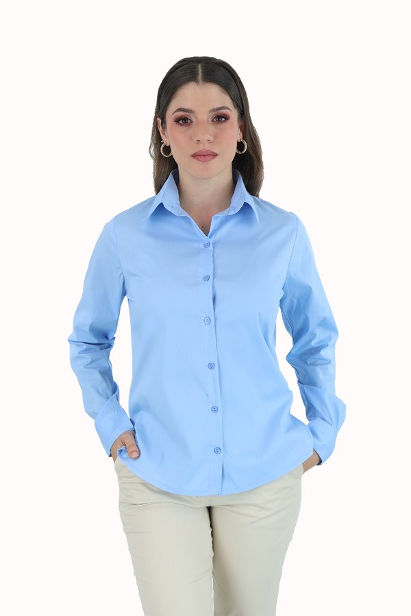 Blusas Camiseras Manga Larga Color Azul Cielo Stretch Para Dama